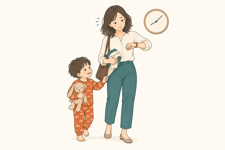 出発時間を気にしながら、子どもの支度を手伝うお母さん