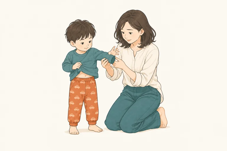 着替えで難しいところを、お母さんがそばで手伝う
